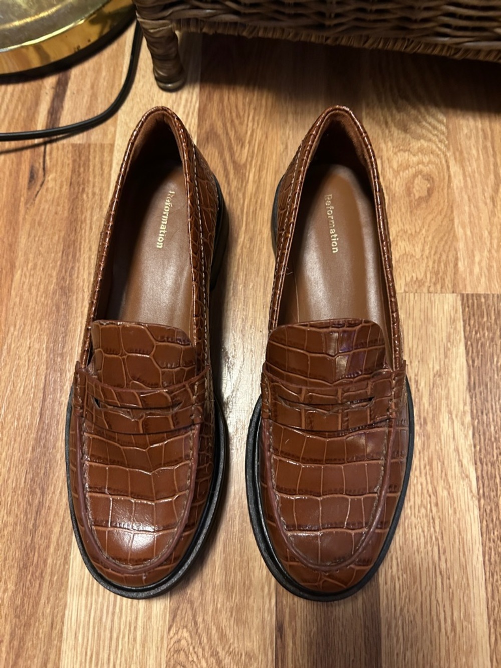 Reformation Cognac Croc-Embossed Penny Loafers -